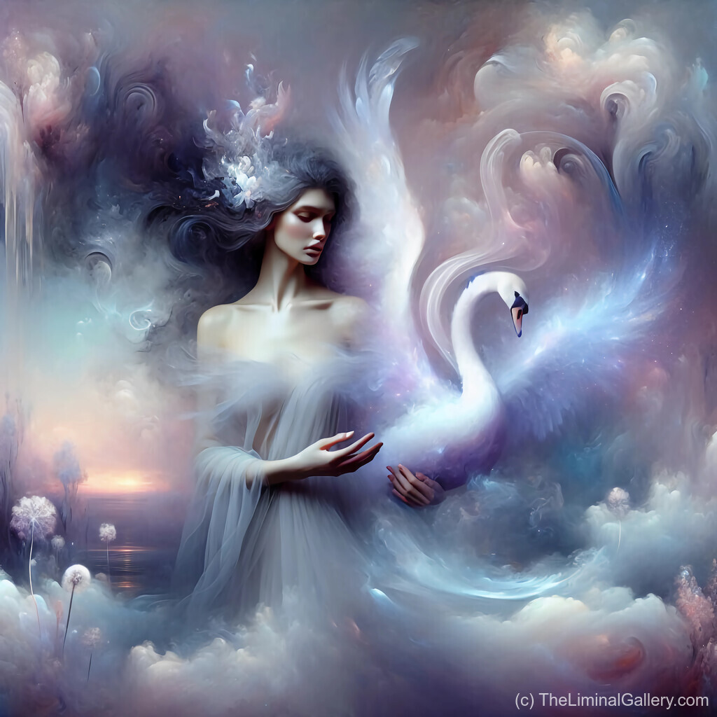 A graceful fantasy artwork depicting a lady and a swan in a tranquil, dreamlike environment.